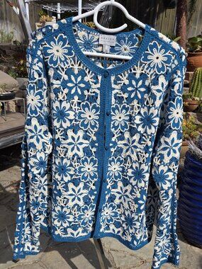 GRAVER Susan Graver Two Tone Teal Beige Crochet Button Front Shrug Med